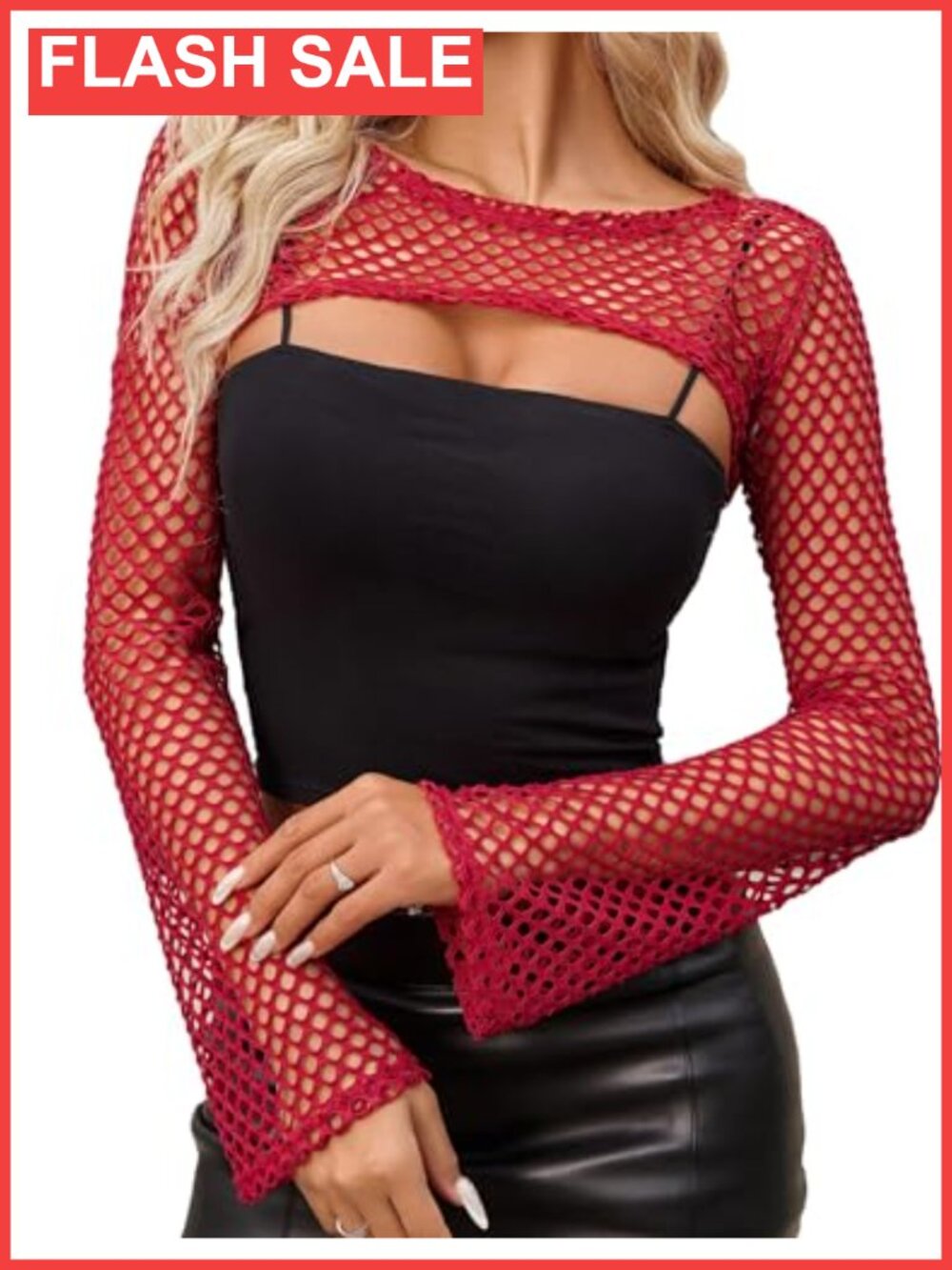 Fishnet Mesh Crop Top Sheer Long Bell Sleeve Y2K Clubwear Coverup